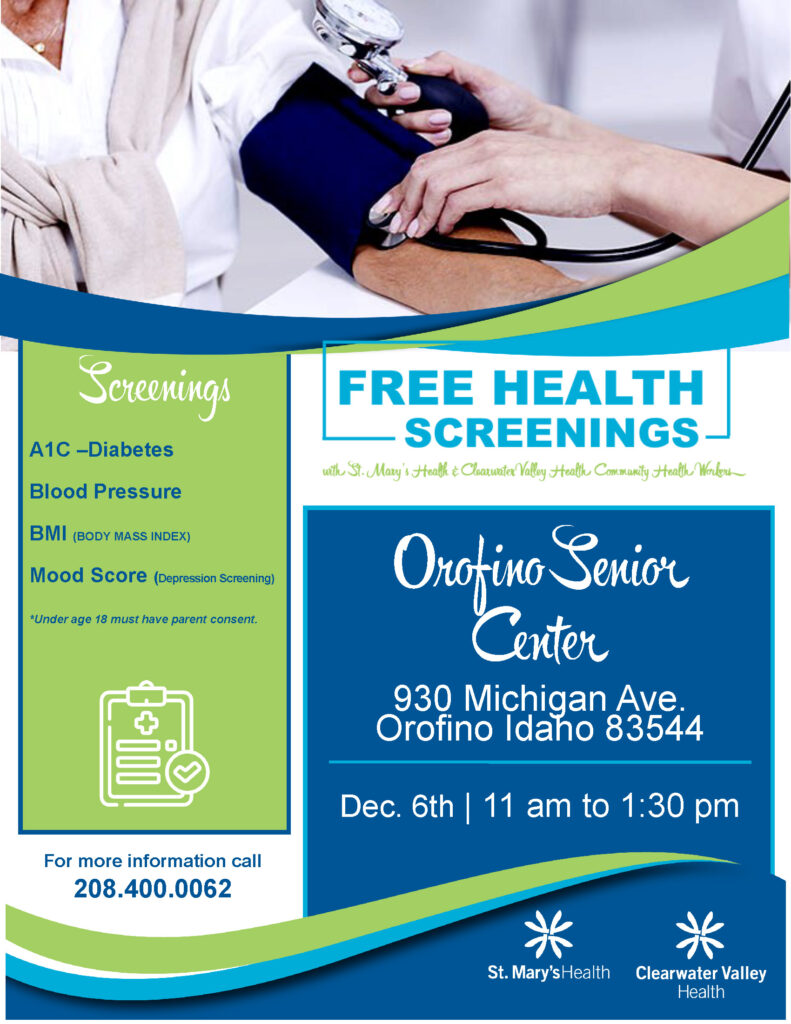 Health Screenings FlyerOrofino Senior Center 2024